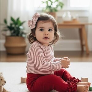 Baby Girl Red Stripe Bodysuit and Ruffle Leggings Outfit Size 12M